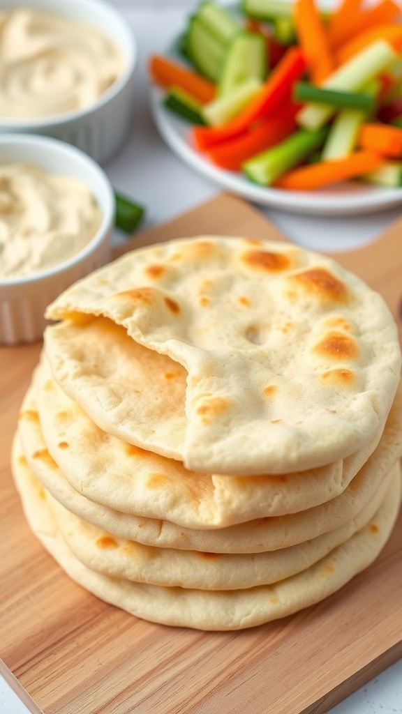 A stack of golden low-carb pita bread on a cutting board with hummus and vegetables.